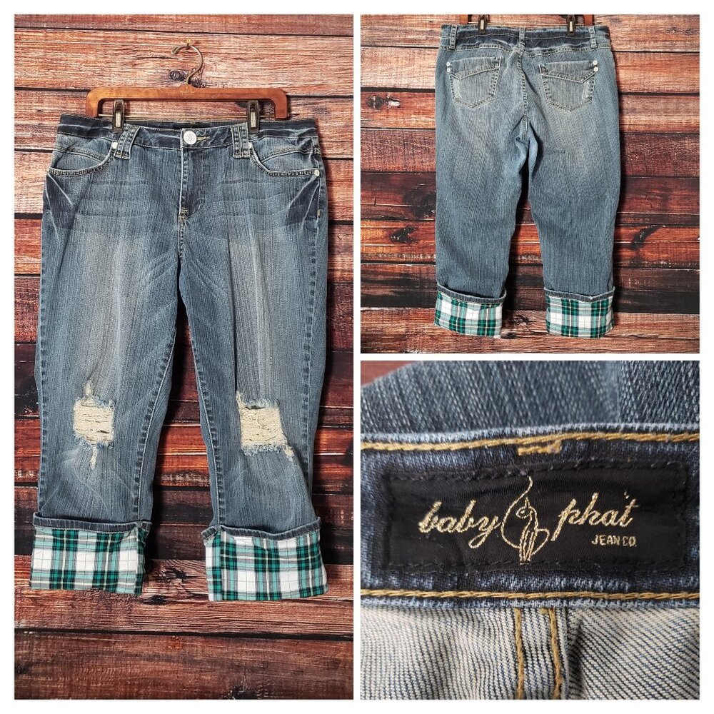 Baby Phat Capri Jeans 16 Cropped Cuffed Distressed Plaid Cuffs Blue Denim